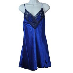 Val Mode Lingerie Blue Medium Black Lace Trim Nightie USA SatinChemise Slip VTG